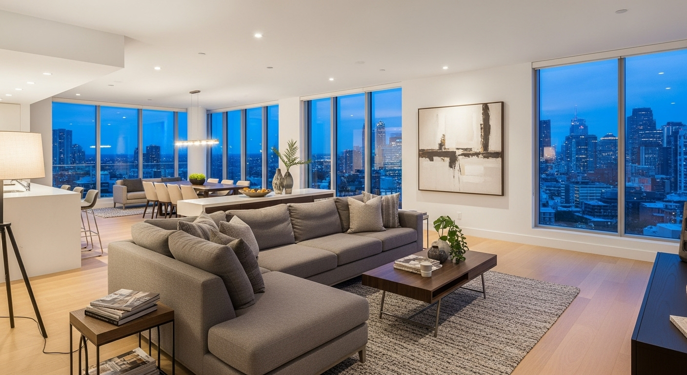 Interior with blue accent lighting and seating